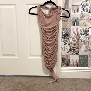 cinched bodycon dress, straps are tied around neck